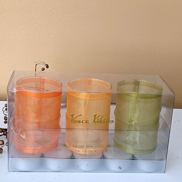 Vance Kitira Glass Votive Candle Holders With Shimmering Mesh Shades - Picture 1 of 5